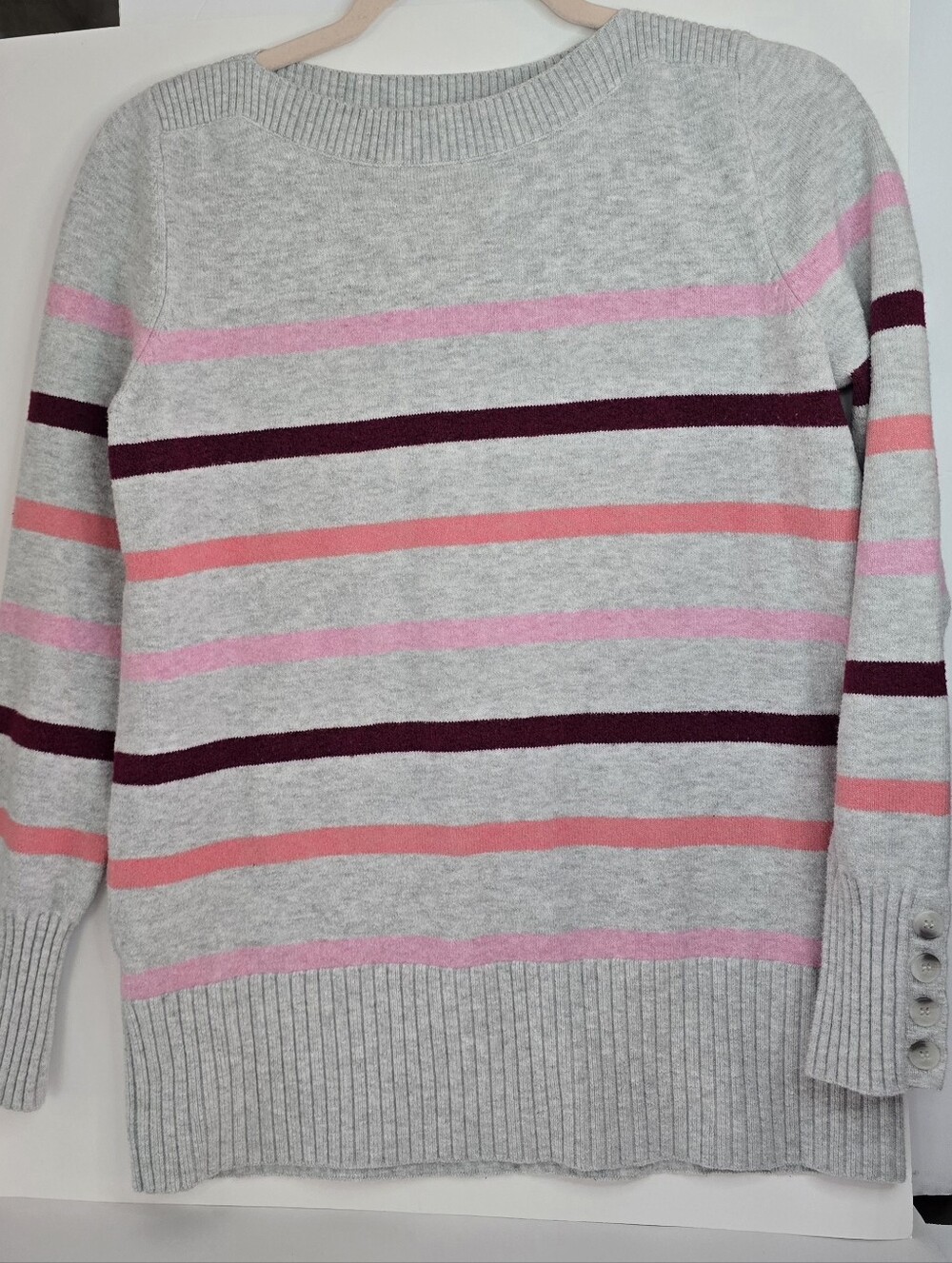 LOFT Grey Pink Striped Knit Sweater Medium Button Cuff Sleeve Boatneck